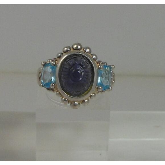 Handcrafted Vintage Blue Topaz Sterling Silver Ring Carved Chalcedony Size 4.5 - Picture 4 of 7